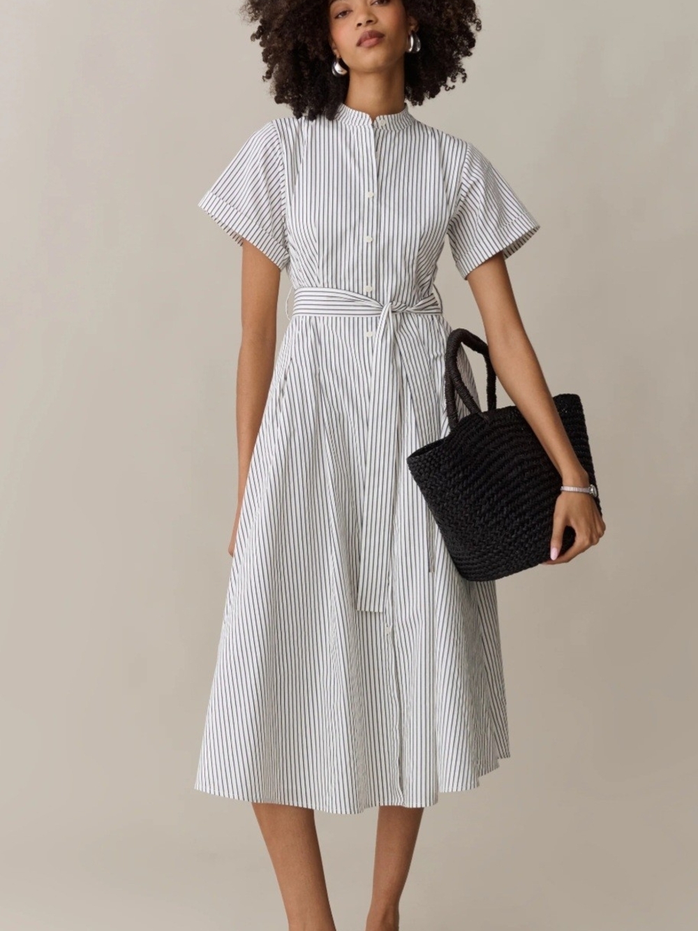 Few Moda Striped Tie-Waist Midi Dress in White and Navy